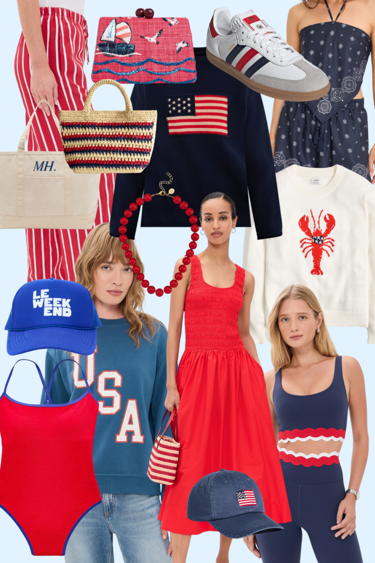 Americana summer fashion collage featuring red, white, and blue outfits, accessories, and shoes for July 4th style