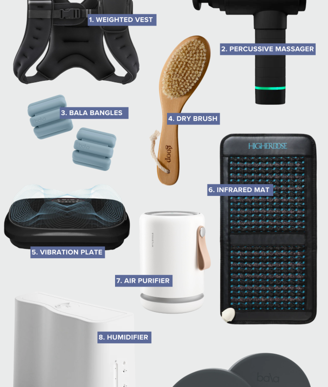 Collage of at-home wellness products including a weighted vest, percussive massage gun, Bala bangles, dry brush, vibration plate, infrared mat, air purifier, humidifier, and balance blocks for recovery and healthy living.