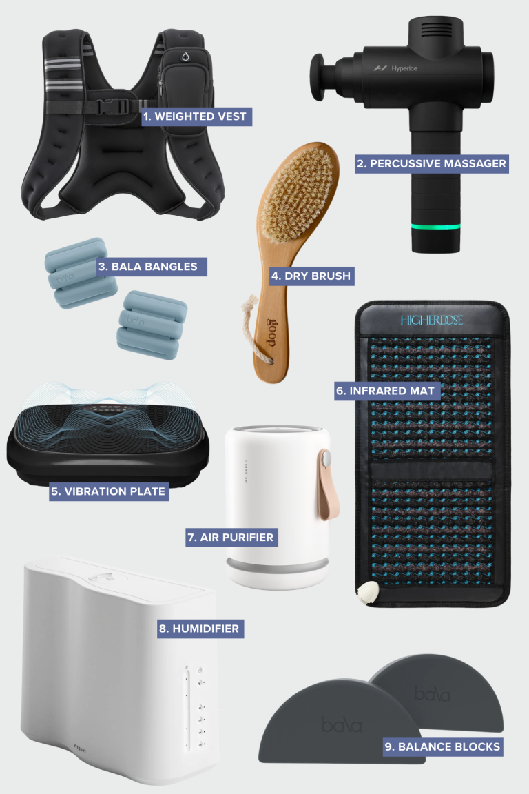 Collage of at-home wellness products including a weighted vest, percussive massage gun, Bala bangles, dry brush, vibration plate, infrared mat, air purifier, humidifier, and balance blocks for recovery and healthy living.