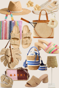 Summer raffia accessories collage featuring woven straw handbags, raffia sandals, colorful striped tote bags, neutral sneakers, a woven sun hat, raffia earrings, monogrammed mini bags, wicker lamp shade, and beachy summer fashion accessories in natural tan, pink, blue, and rainbow tones.