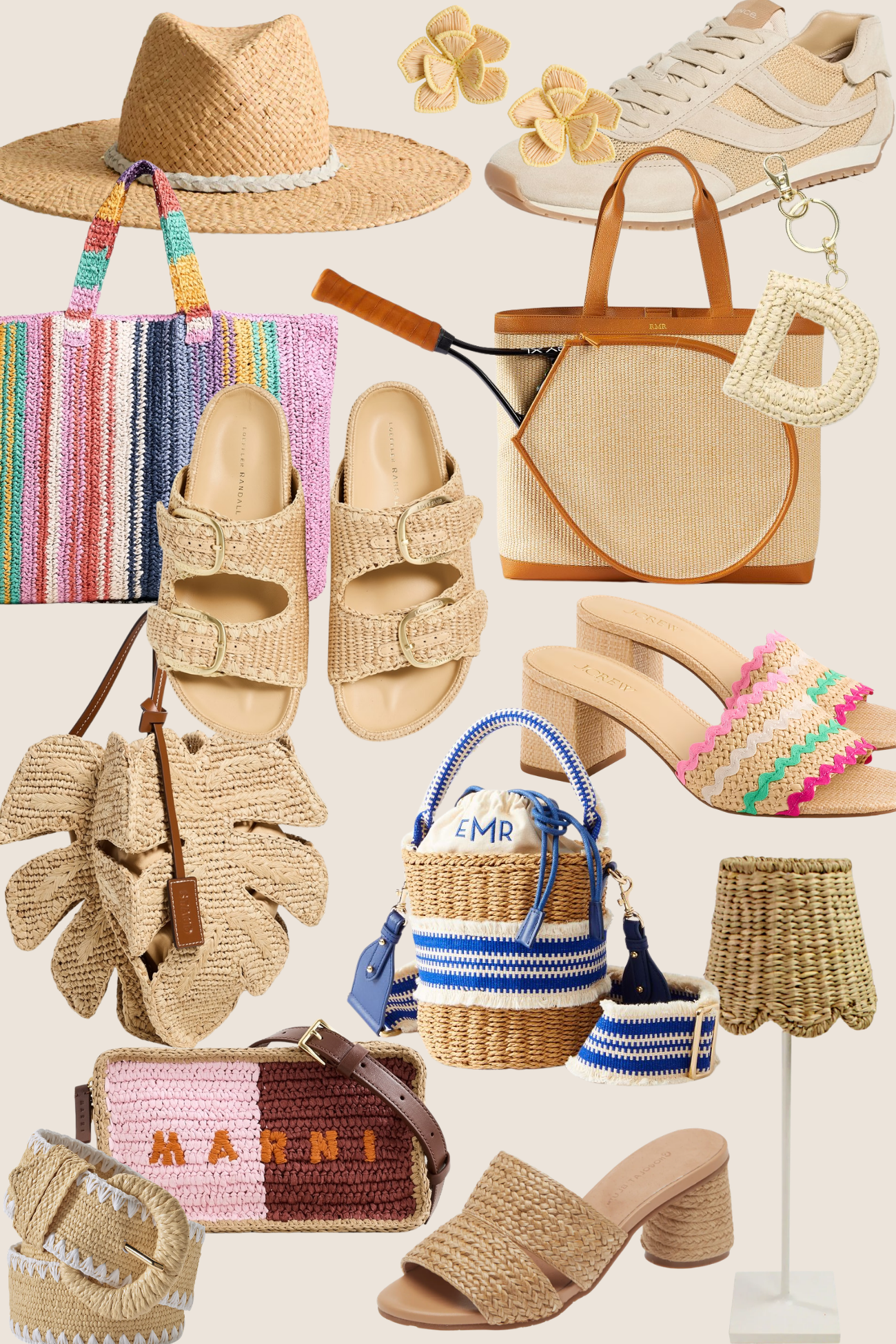 Summer raffia accessories collage featuring woven straw handbags, raffia sandals, colorful striped tote bags, neutral sneakers, a woven sun hat, raffia earrings, monogrammed mini bags, wicker lamp shade, and beachy summer fashion accessories in natural tan, pink, blue, and rainbow tones.