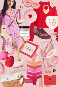 Valentine’s Day gift guide collage for her featuring pink heart pajamas, cozy robe, Adidas sneakers, beauty products, heart jewelry, lingerie, sleep mask, skincare, and chic Valentine’s gifts for women on a blush background.