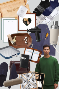 Valentine’s Day gifts for him collage featuring cozy socks, leather accessories, grilling tools, massage gun, apron, YETI tumbler, tech gadgets, games, and stylish men’s gift ideas on a neutral background.