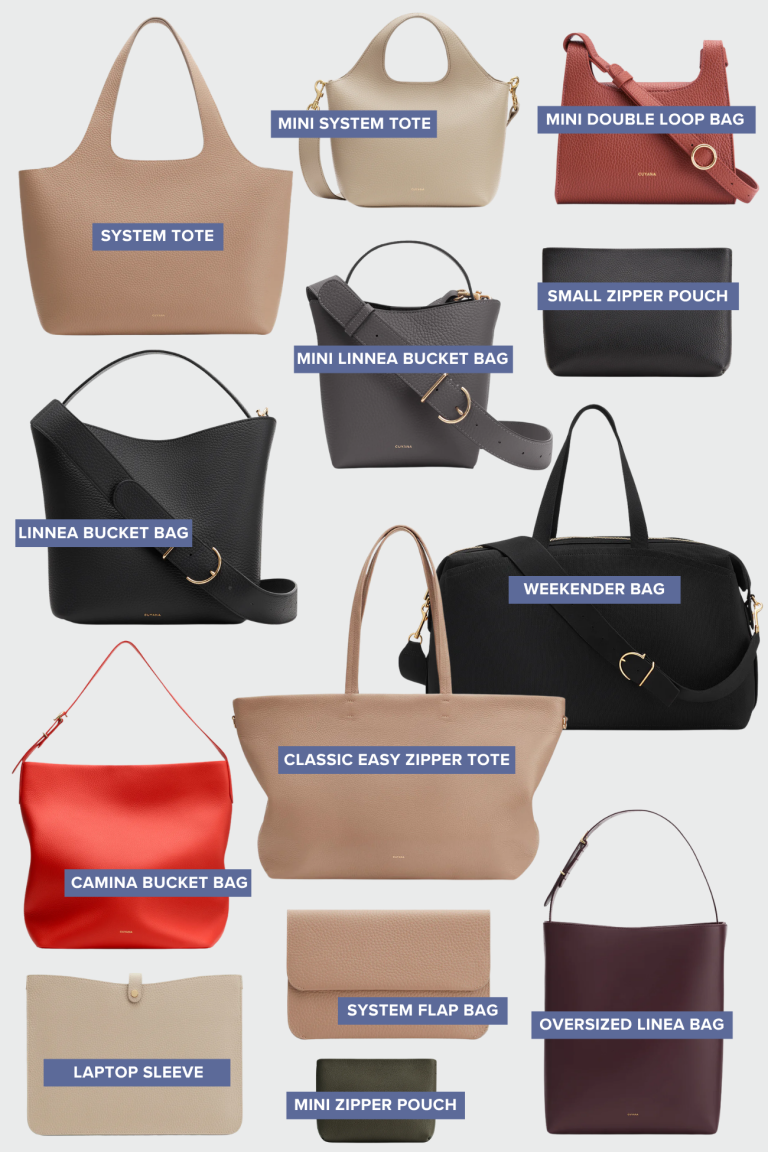 Collage of Cuyana bags including System Tote, Mini System Tote, Double Loop Bag, Linea Bucket Bag, Classic Easy Zipper Tote, Weekender Bag, and leather pouches in neutral and red tones
