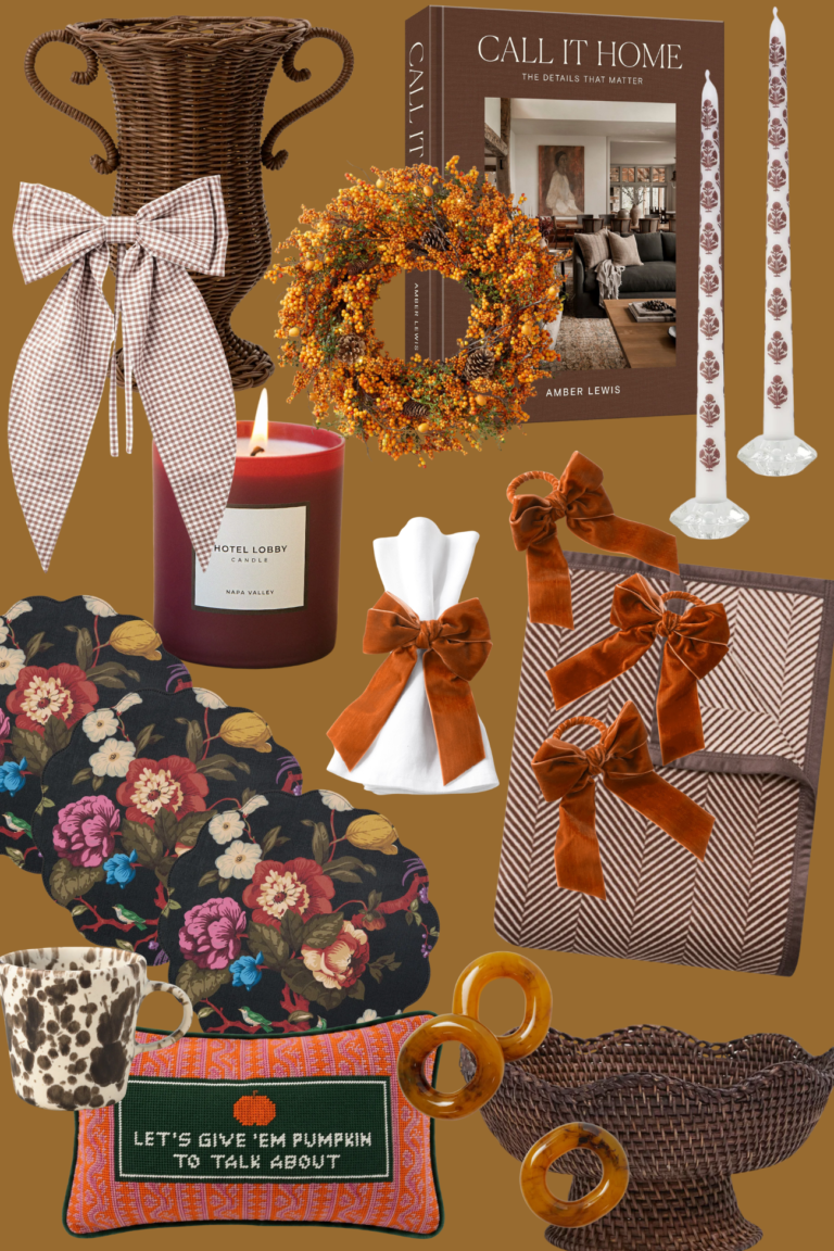 Fall decor collage: orange berry wreath, wicker urn vase, velvet bow napkin rings, floral placemats, pumpkin needlepoint pillow