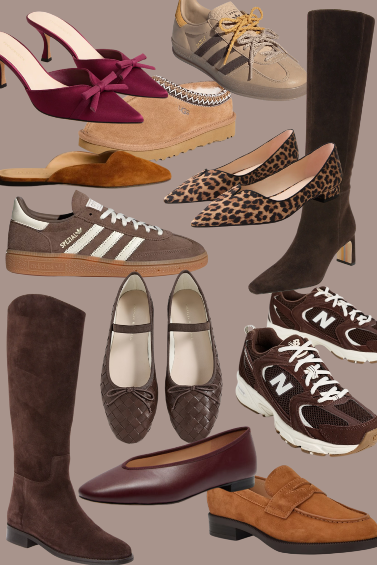 Fall shoes 2026 collage: brown suede riding boots, cognac penny loafers, leopard ballet flats, bow mules and brown sneakers