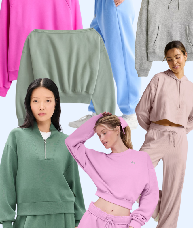 Collage of cozy lounge sets for women featuring matching sweatsuits and loungewear sets in pink, sage green, blue, gray, and mauve including hoodies, cropped sweatshirts, joggers, and wide-leg lounge pants.
