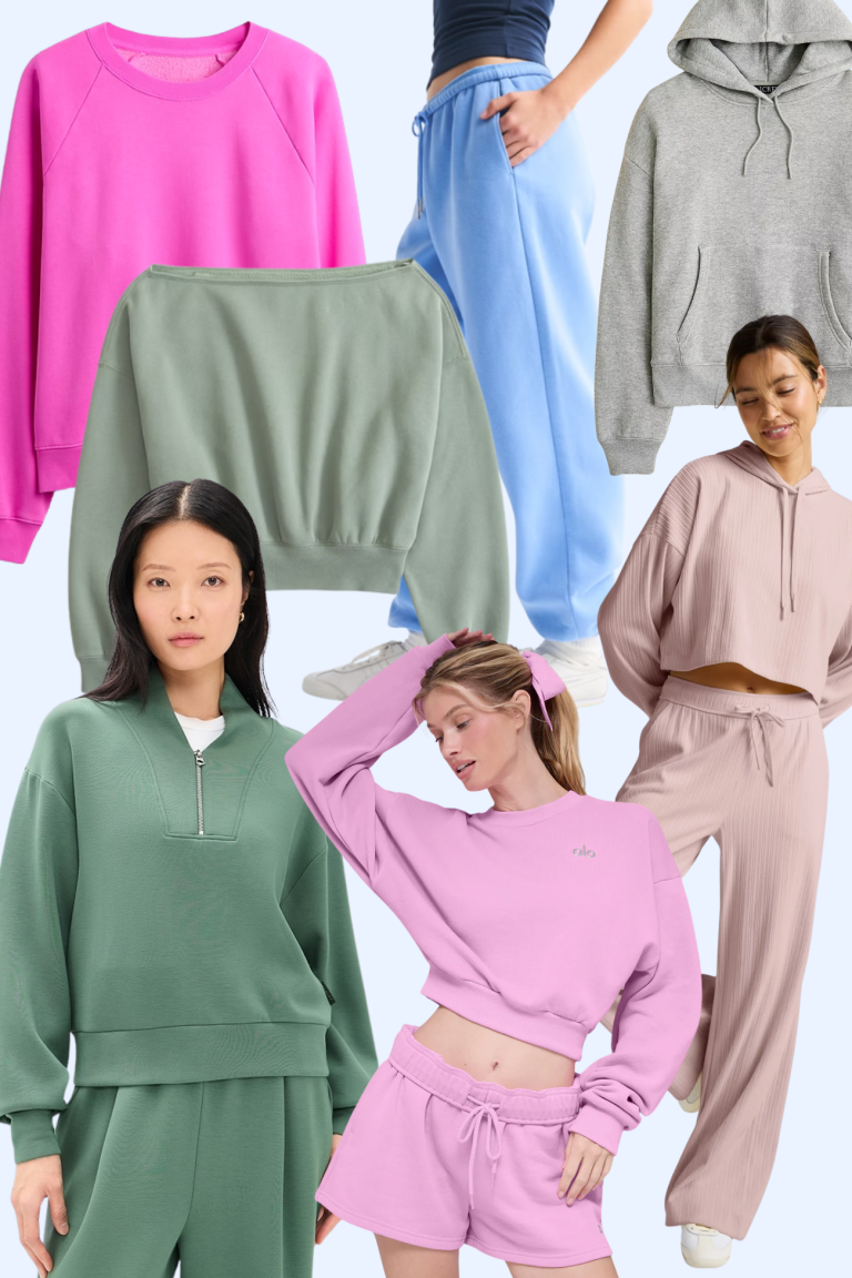 Collage of cozy lounge sets for women featuring matching sweatsuits and loungewear sets in pink, sage green, blue, gray, and mauve including hoodies, cropped sweatshirts, joggers, and wide-leg lounge pants.