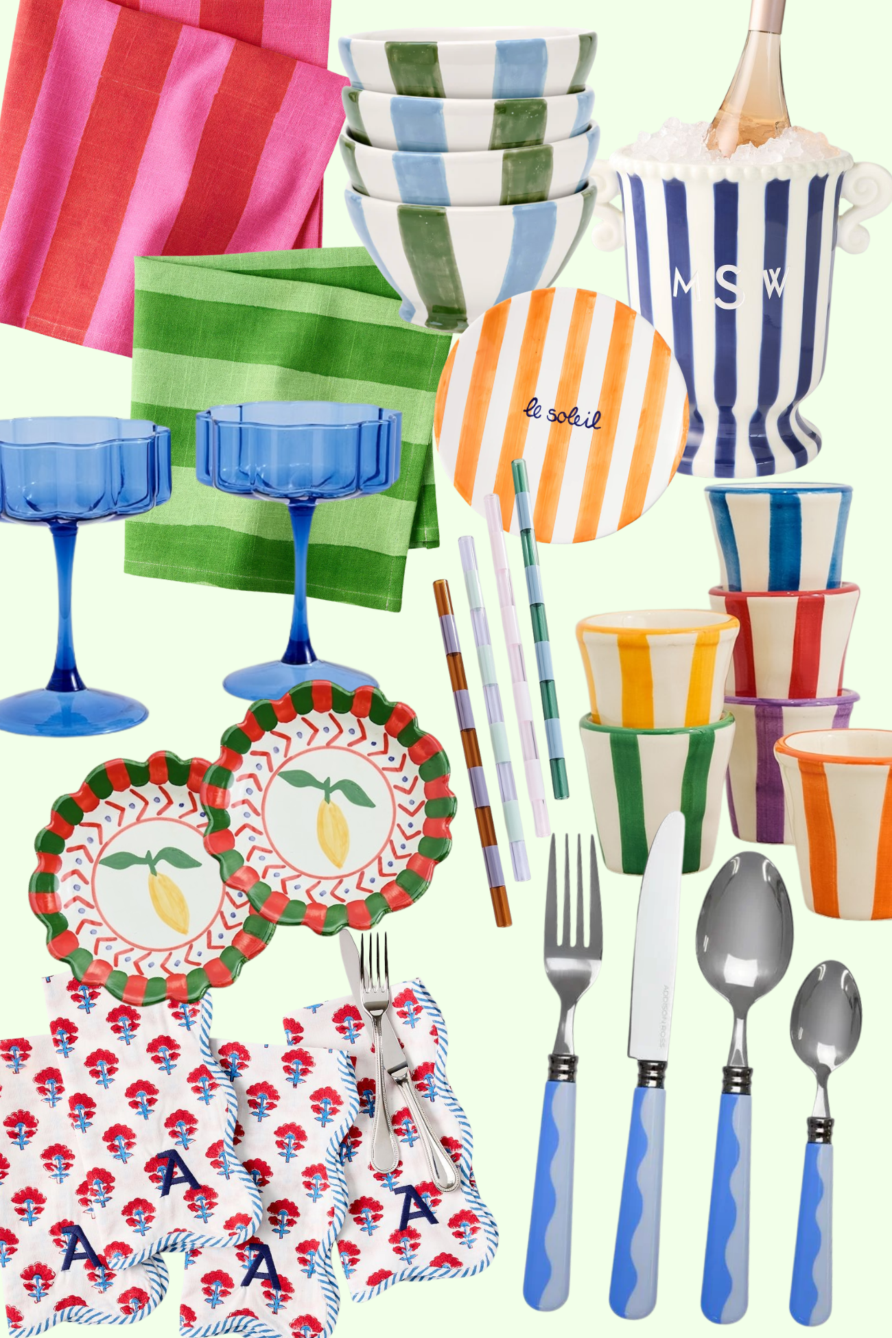 Colorful kitchenware collage featuring striped linen napkins, hand-painted bowls and cups, blue stemware, patterned plates with lemons, pastel striped straws, monogrammed cocktail napkins, blue-handled flatware, and bold ceramic serving pieces in vibrant pink, green, orange, blue, red, and purple tones.
