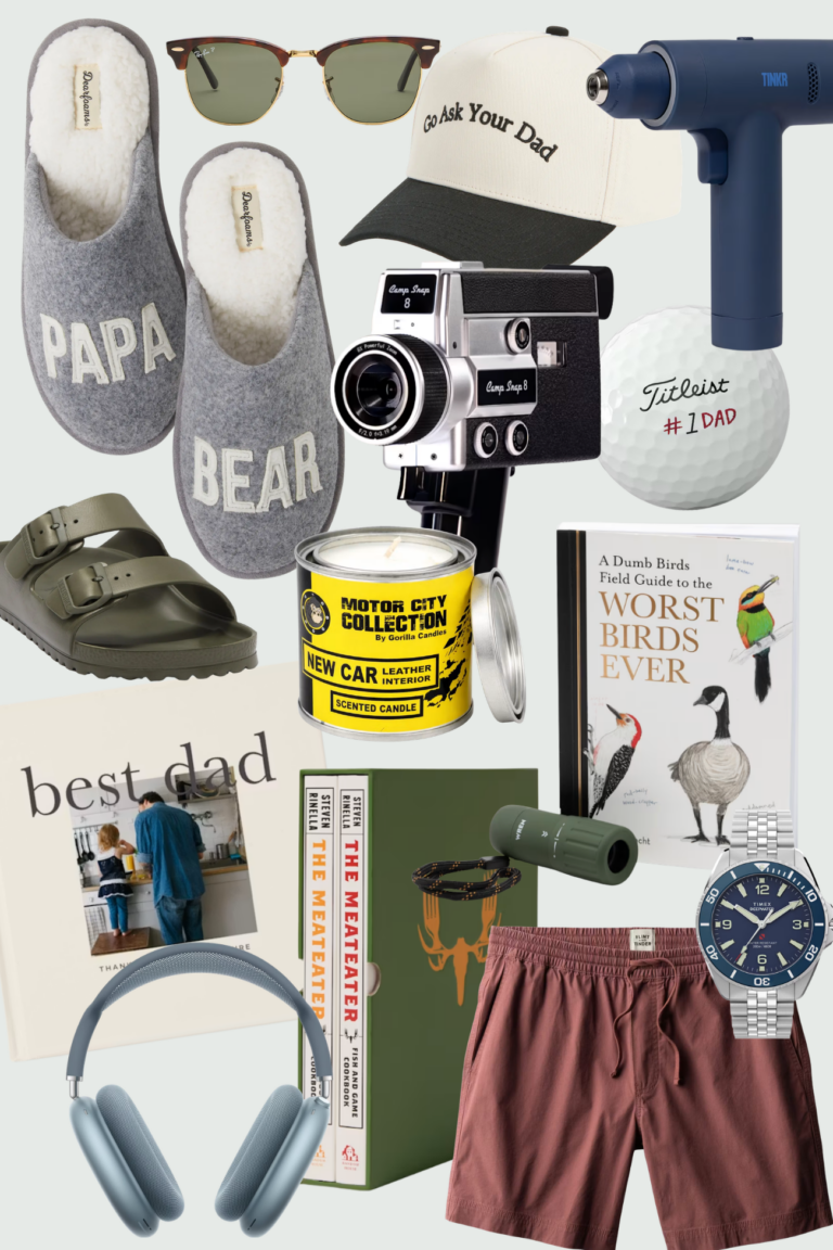 Father’s Day gift guide collage featuring cozy Papa Bear slippers, Ray-Ban sunglasses, a “Go Ask Your Dad” hat, massage gun, vintage-style camera, personalized golf ball, Birkenstock sandals, AirPods Max headphones, Timex watch, birding book, grilling cookbook, candle, swim trunks, and a custom photo book for dads.
