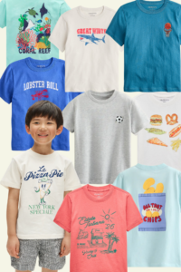 Collage of graphic tees for boys from Crewcuts, including coral reef, shark, basketball, lobster roll, pizza, and Italian summer designs