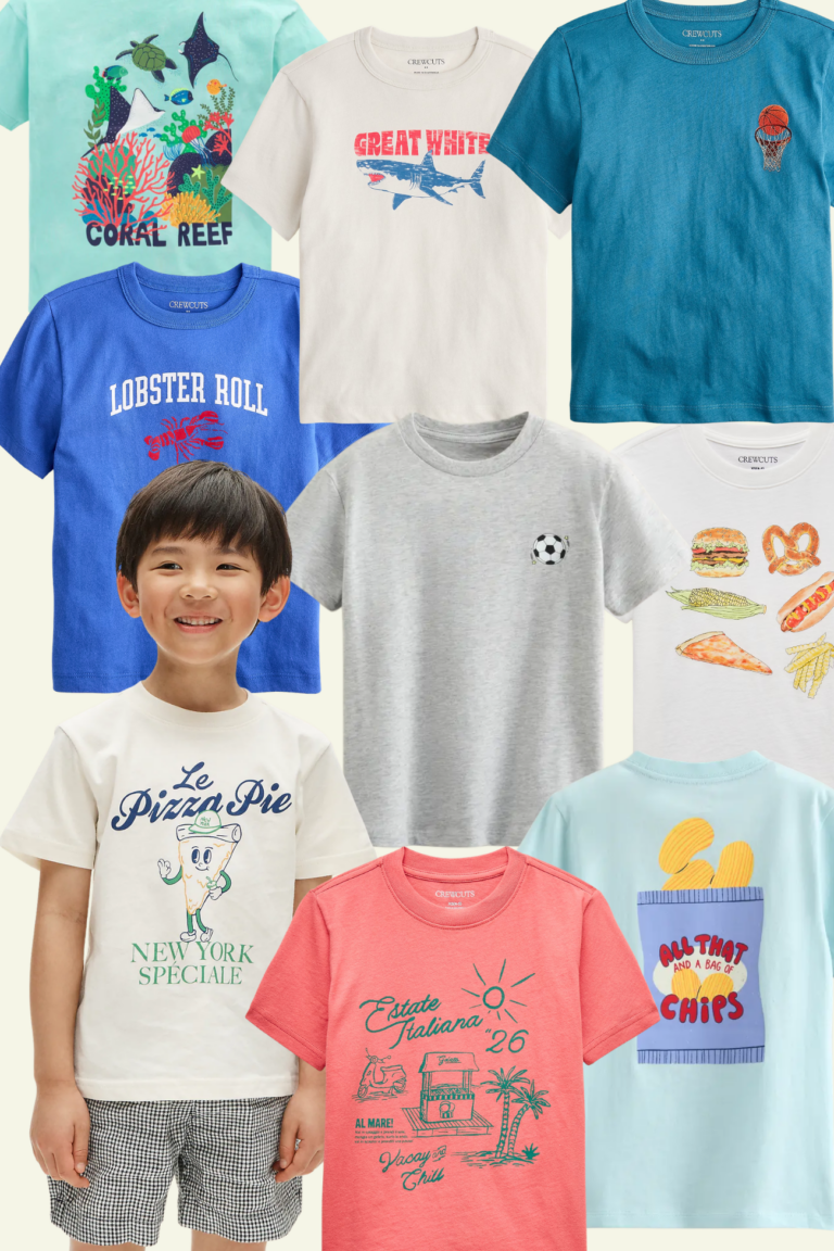 Collage of graphic tees for boys from Crewcuts, including coral reef, shark, basketball, lobster roll, pizza, and Italian summer designs