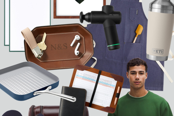 Valentine’s Day gifts for him collage featuring cozy socks, leather accessories, grilling tools, massage gun, apron, YETI tumbler, tech gadgets, games, and stylish men’s gift ideas on a neutral background.