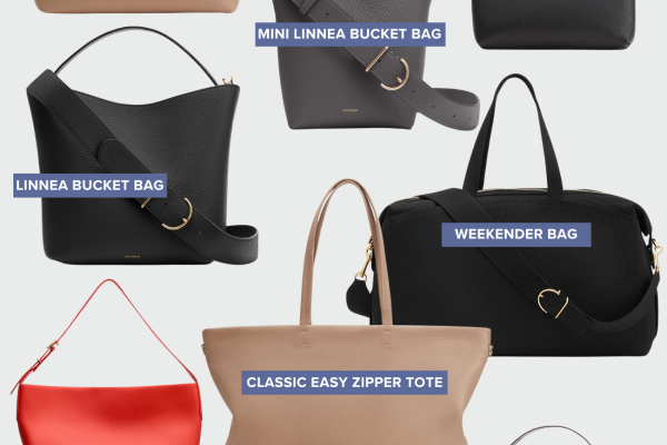 Collage of Cuyana bags including System Tote, Mini System Tote, Double Loop Bag, Linea Bucket Bag, Classic Easy Zipper Tote, Weekender Bag, and leather pouches in neutral and red tones