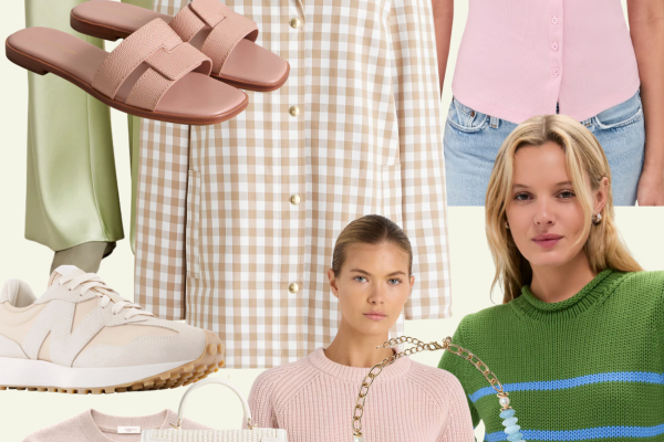 Spring wish list collage featuring pastel spring fashion pieces including green trousers, gingham rain jacket, pink knit tops, neutral sneakers, woven handbag, blue scarf, striped sweater, sandals, and statement necklace.