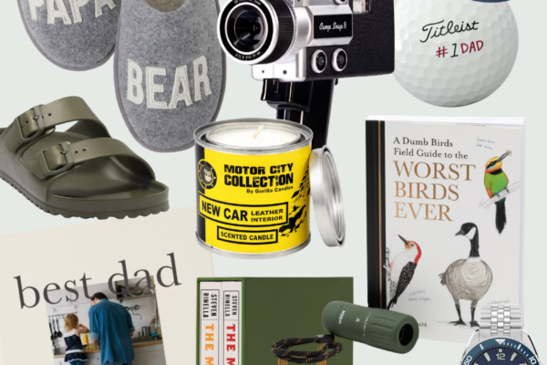 Father’s Day gift guide collage featuring cozy Papa Bear slippers, Ray-Ban sunglasses, a “Go Ask Your Dad” hat, massage gun, vintage-style camera, personalized golf ball, Birkenstock sandals, AirPods Max headphones, Timex watch, birding book, grilling cookbook, candle, swim trunks, and a custom photo book for dads.