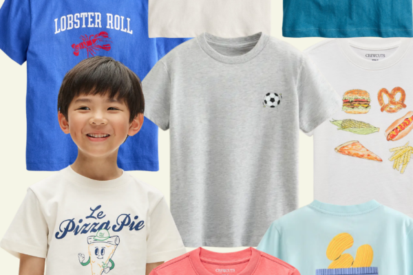 Collage of graphic tees for boys from Crewcuts, including coral reef, shark, basketball, lobster roll, pizza, and Italian summer designs